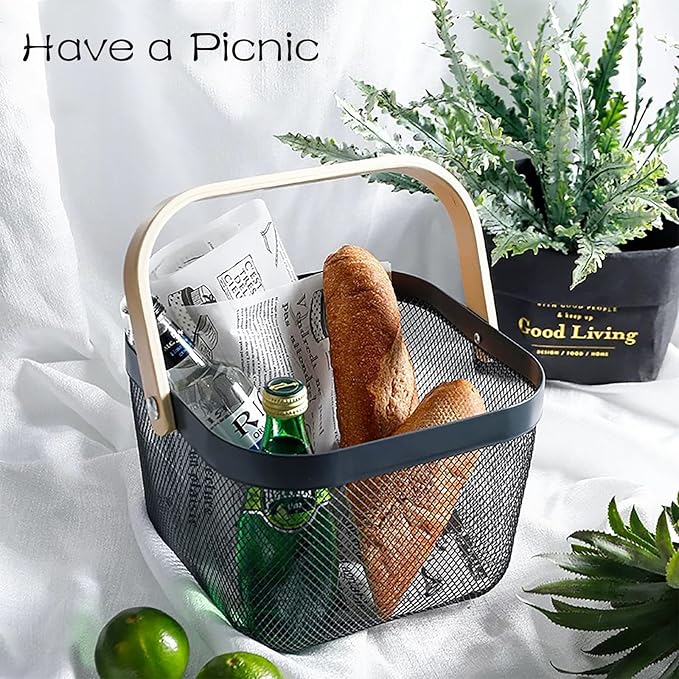 2 Pack Metal Picnic Baskets,Garden Basket,Metal Mesh Garden Harvest Basket with Foldable Wooden Handle,Storage Organizer Basket Hanging Kitchen Baskets Fruit Basket