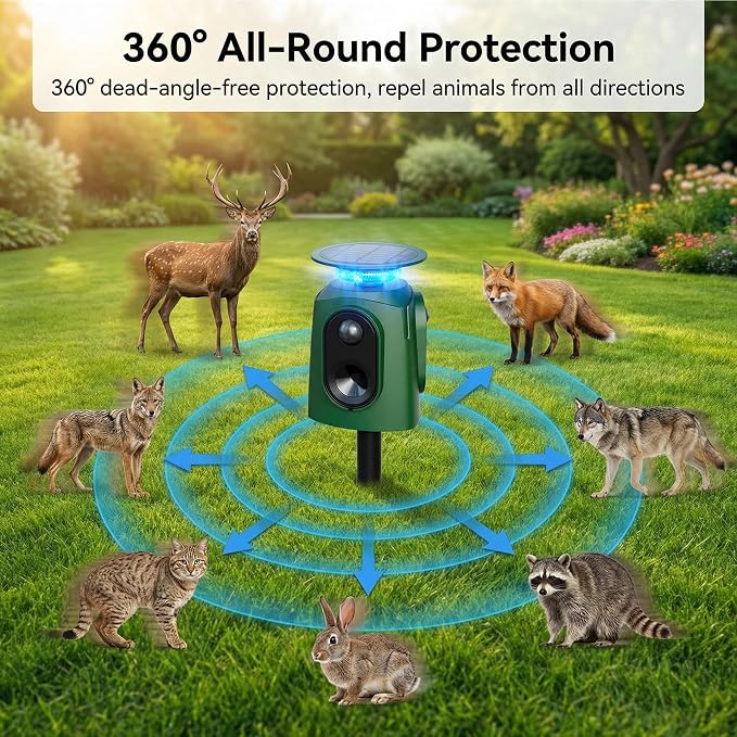 Solar Powered Cat Repellent Ultrasonic Deer Repellent 360 Degree Animal Deterrent Waterproof Squirrel Repeller with Flashing Light Outdoor Skunk Repellent Outdoor Yard Lawn Garden