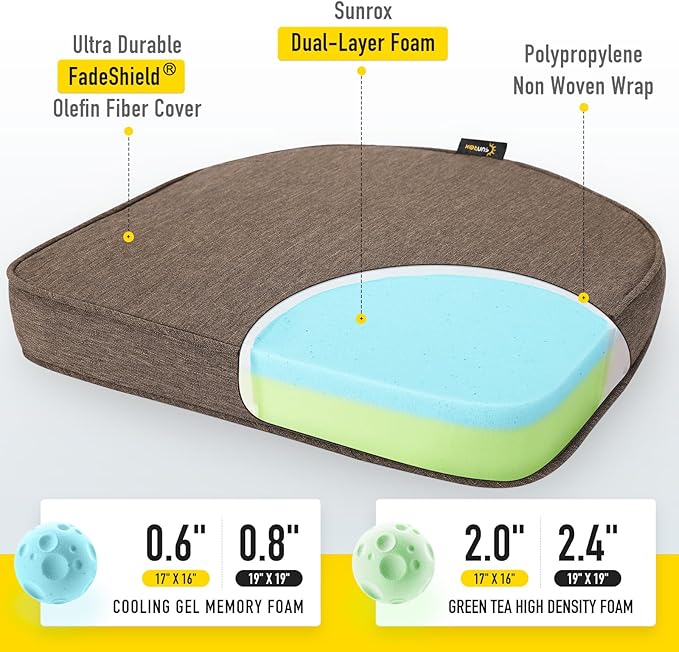 SUNROX Gel Memory Foam Chair Cushions, FadeShield Water-, Stain-Resistant Durable Reversible Seat Cushion Pads with Ties for Indoor/Outdoor Kitchen Dining Office 17"x16" Set of 6, Heather Chestnut