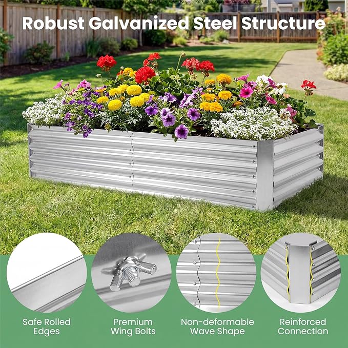 HAPPYGRILL Raised Garden Bed with Cover, Galvanized Metal Planter Box Kit w/2 Large Zipper Mesh Screen Windows, Outdoor Raised Beds for Gardening, Flowers, Vegetables (Silver)