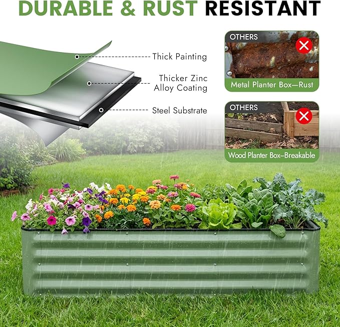 INNO STAGE Galvanized Raised Garden Bed Kits, 4x2x1ft Metal Raised Garden Beds Outdoor, Steel Raised Planter Bed with Gloves for Vegetables & Flowers Patio Ground Planter Box (Olive Green, 1PC)