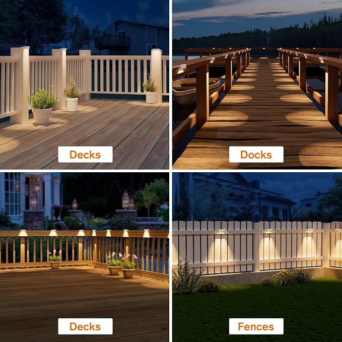 NIORSUN Solar Fence Lights Outdoor 8 Pack, IP65 Waterproof Large Size LED Solar Deck Lights with Lenses, Auto ON Off Warm White Step Lights for Outside, Patio, Fence, Yard and Railing Decor (White)