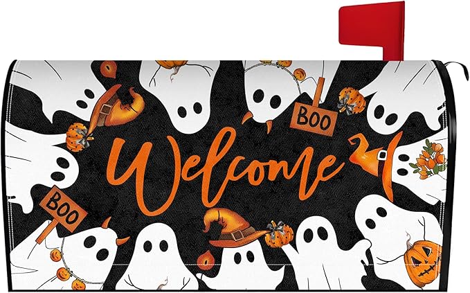 Halloween Boo Mailbox Cover Magnetic Ghost Mailbox Covers Halloween Spooky Post Letter Box Cover for Garden Yard Decor 25.5x21 Inch