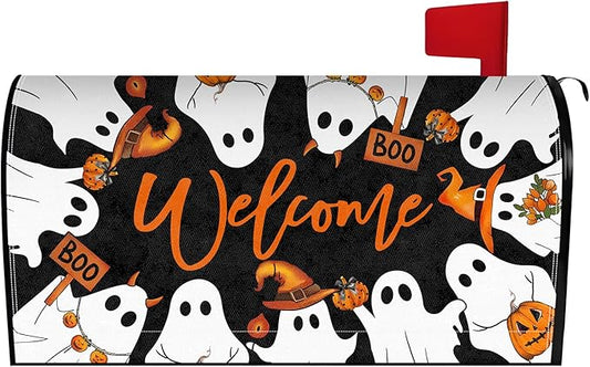Halloween Boo Mailbox Cover Magnetic Ghost Mailbox Covers Halloween Spooky Post Letter Box Cover for Garden Yard Decor 25.5x21 Inch