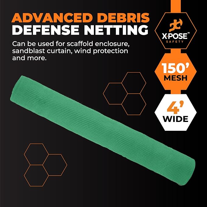 Xpose Safety Construction Safety Netting – 4' x 150', 1/4" Mesh Scaffold Safety Net, Temporary Material Roll, Visibility Fence, Heavy-Duty Fire Retardant, Green