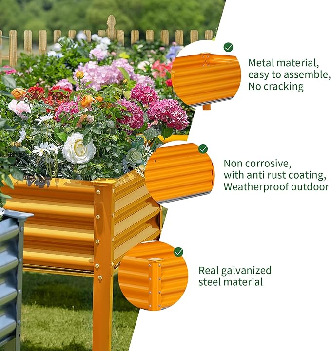 Land Guard Galvanized Raised Garden Bed with Legs, 96×24×32in Raised Garden Beds Outdoor with Drainage Holes, Planter Boxes Outdoor for Backyard, Patio, Balcony, 1200lb Capacity, Cream Yellow