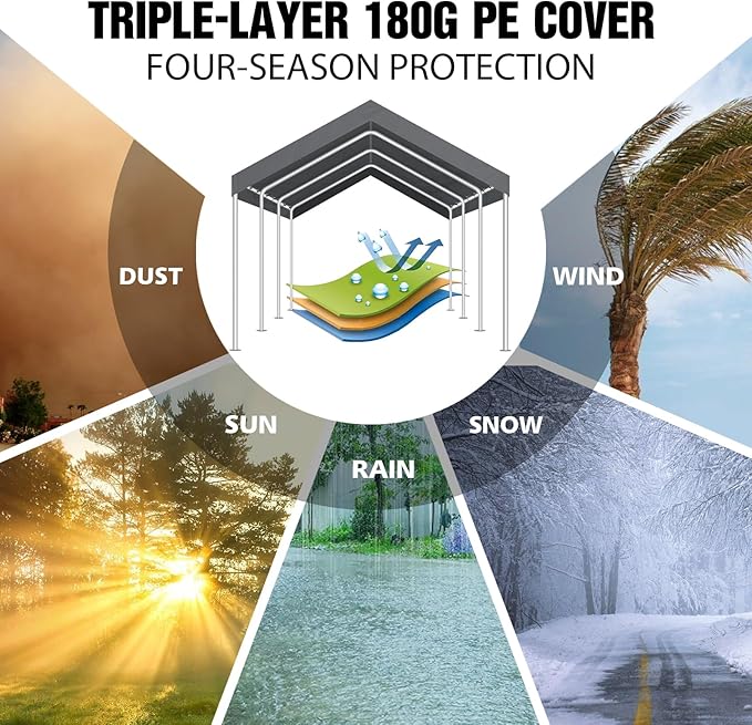 Carport Canopy 10'x20' Replacement Cover, Waterproof & UV Protected Garage Top Tarp Shelter Cover with Ball Bungee Cords, Car Cover Tent (Frame is not Included)