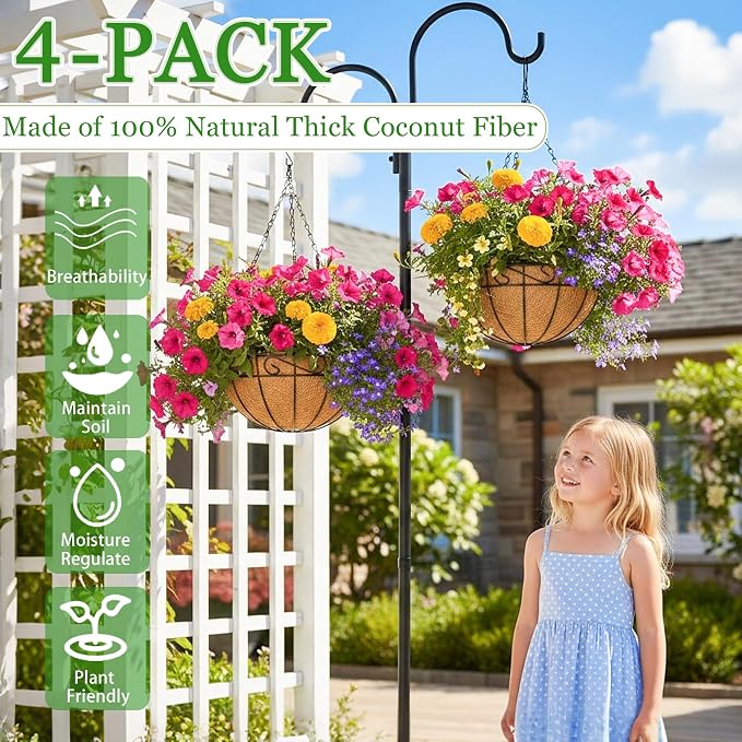 Hanging Planters for Outdoor Plants 4 Pack 12 inch Metal Hanging Flower Basket with Coco Coir Liner Wire Plant Holder Watering Flower Baskets Pot Hanger Garden Decoration for Indoor Outdoor(HBL)