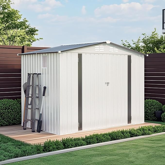 8x6FT Metal Storage Shed Outdoor Garden Tool Shed, Galvanized Steel Weather Resistant Backyard Organizer with Lockable Door, Waterproof Utility Storage House for Patio Courtyard Equipment Storage