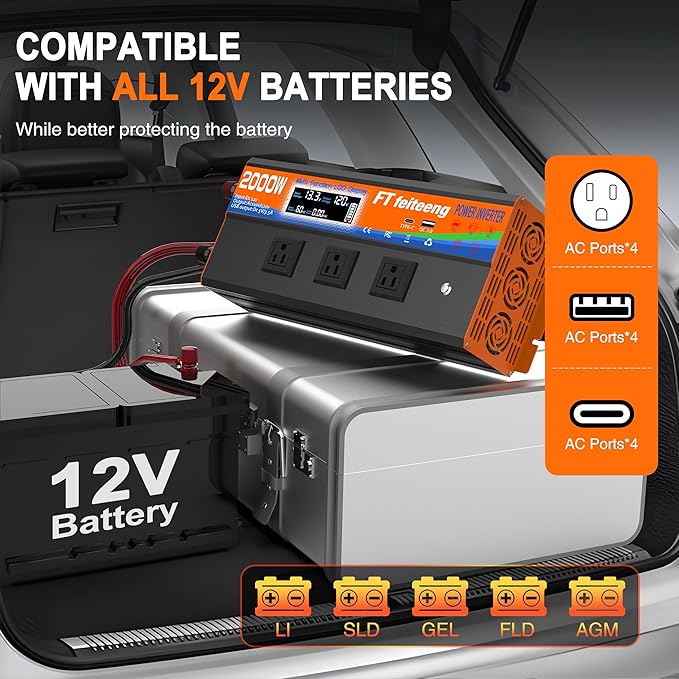 2000W Power Inverter 12v DC to 110v 120v AC with Remote 3 AC Outlets, USB Port, Dual Smart Fans, Cables Included LCD Display for Vehicle for RV Truck Camping & Home Emergency Use