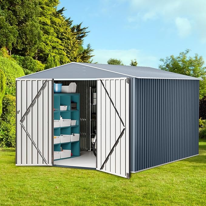 Garvee 10x10ft Metal Shed, Outdoor Garden Tool Storage Shed with Lockable Doors, Large Metal Shed with Sturdy Frame Structure, for Backyard, Patio, Lawn, Grey