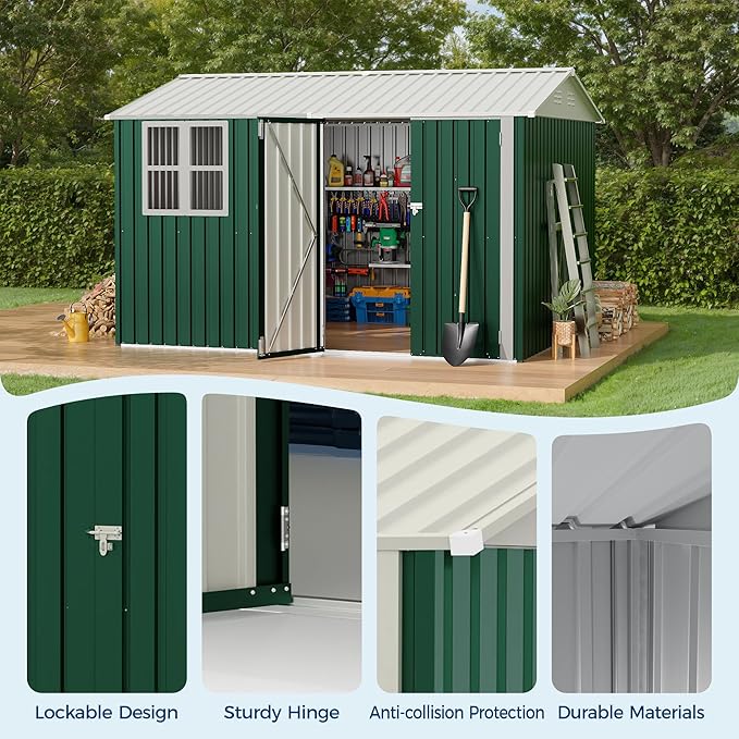 Garvee 10X8 FT Storage Shed with Cross Windows & Double Doors, 450 Cu Ft Large Outdoor Tool Shed, Garden Shed for Riding Mower, Bike, Lawn Equipment - All Weather Meta