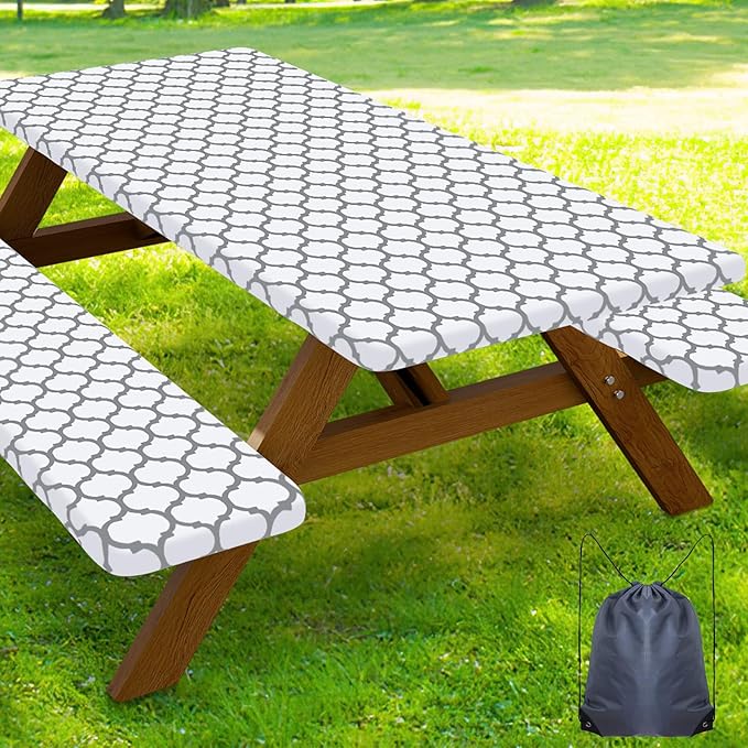 Smiry Picnic Table Cover with Bench Covers, Waterproof Elastic Fitted Tablecloth for 8 Foot Tables, Washable Polyester Tablecloths for Camping, Indoor & Outdoor (White, 30x96 Inch 3-pc Set)