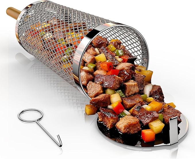 Rolling Grill Basket-Lager,304 Stainless Steel Grill Basket with Removable Wooden Handle,BBQ Tool & Smoker Accessory for Veg & Shrimp,Ideal for Outdoor Cooking,Camping & Gifts for Dad/Husband/Men 9.6*4.5*4.5 inches(For 3-4 People)