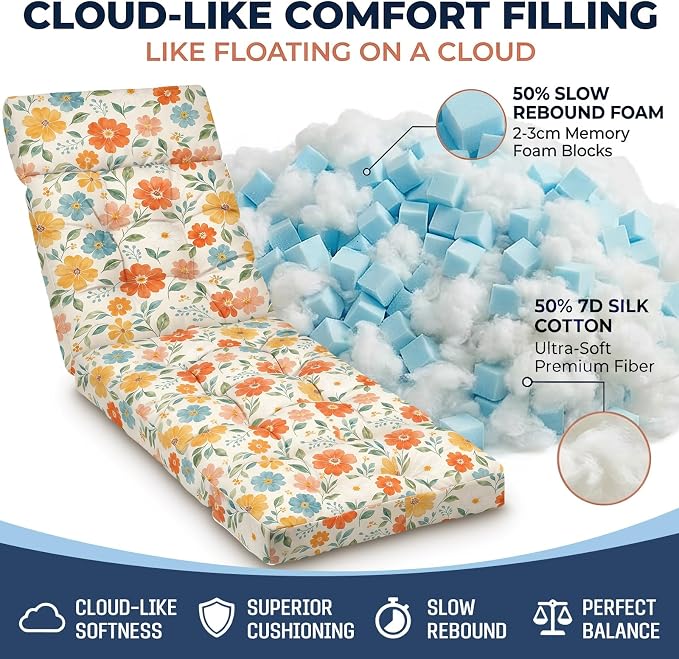 MAGIC ELEPHANT Chaise Lounge Cushion Outdoor, Memory Foam Patio Lounge Chair Cushion with Ties for Outdoor Furniture, 74 x 22 x 4 Inch (Multicolor Floral)