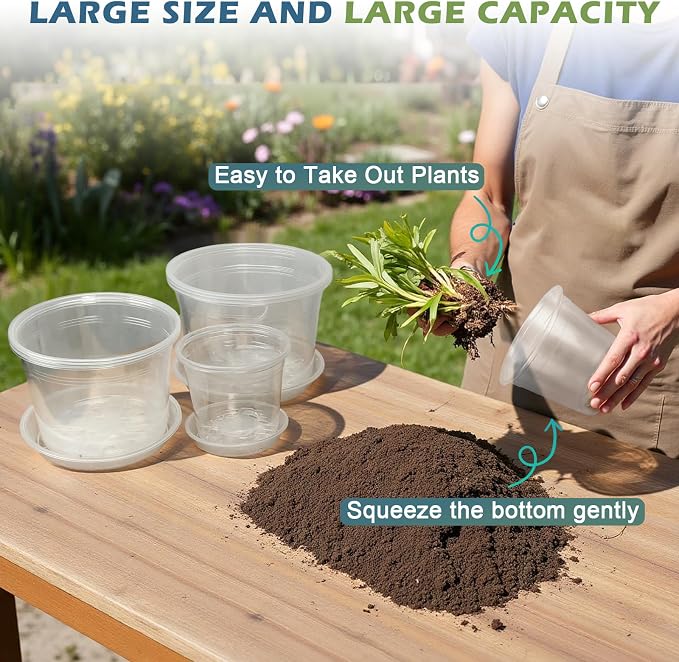 5 Pack 10 Inch Large Clear Nursery Pots with Drainage Hole and Saucers, Plastic Plant Pots for Seedlings, Flowers, Indoor Outdoor Gardening