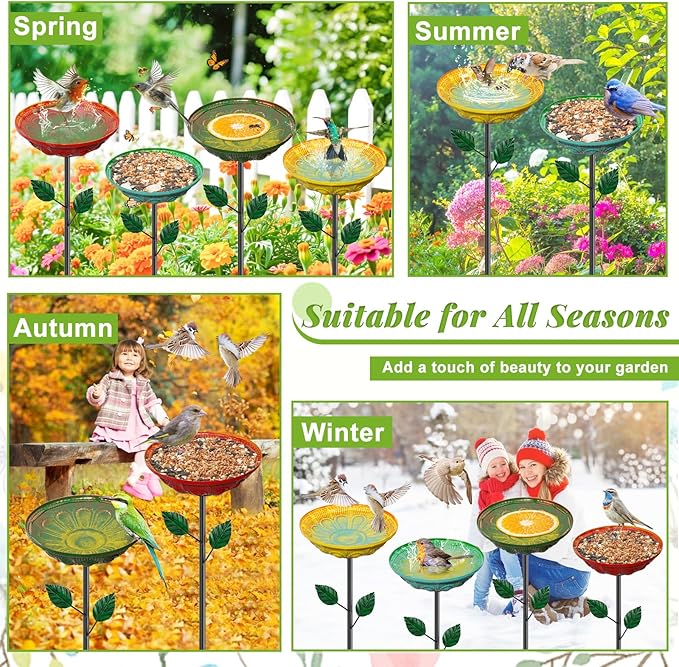 4PCS Metal Bird Bath for Outdoors with Stake, 2-in-1 Hummingbird Bird Bath & Bird Feeder, Metal Birdbath Bowl, Outdoor Bird Bath Decor for Garden Yard Lawn Backyard Patio (Datura)