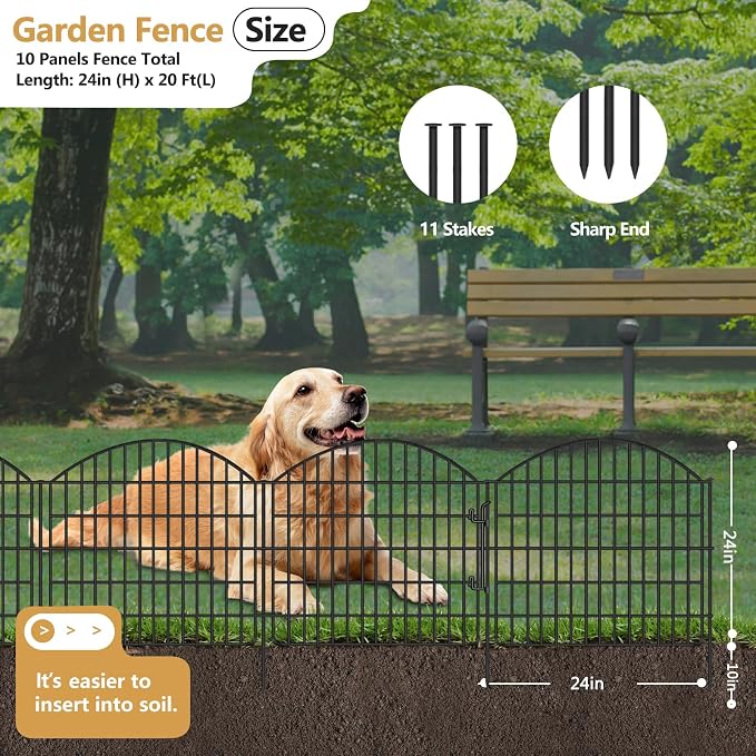 10 Panels Garden Fencing Animal Barrier with Lock, 24in (H) x 20ft (L) No Dig Dog Fence Outdoor for Yard Rustproof Decorative Fences Tall Metal Panel Wire Border Rabbit Ground Stakes