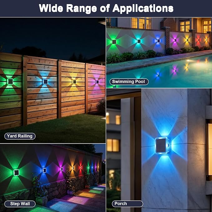 AUDLES Solar Fence Lights Outdoor, IP67 Waterproof 4-Sided Glow Solar Wall Lights, RGB 8 Modes Color Changing Solar Garden Light for Patio Pool Step Porch Yard-12 Pack
