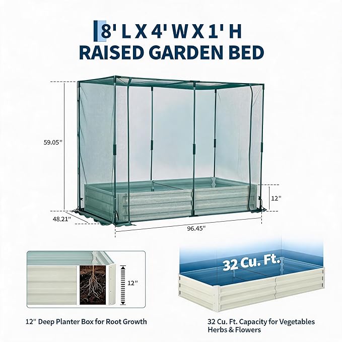 8x4x1Ft Galvanized Raised Garden Bed Kit w/Self Watering Irrigation & Mesh Cover, Metal Bottomless Raised Planter Box for Veggies Herbs Flowers, Rustproof Elevated Garden Bed Backyard Patio Farm