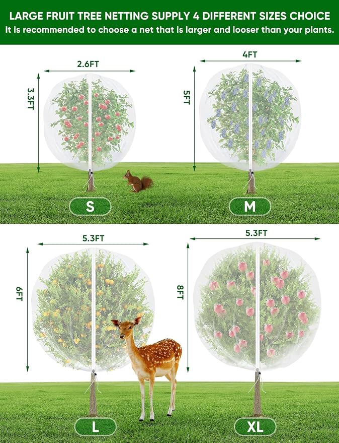Fruit Tree Netting with Zipper - 4Pcs 5.3 x 8 FT Garden Bird Netting for Blueberry Bushes with Drawstring,Insect Plant Protection Mesh Net Bags for Tomato,Flowers,Animals,Cherry (4, 5.3 x 8 FT)