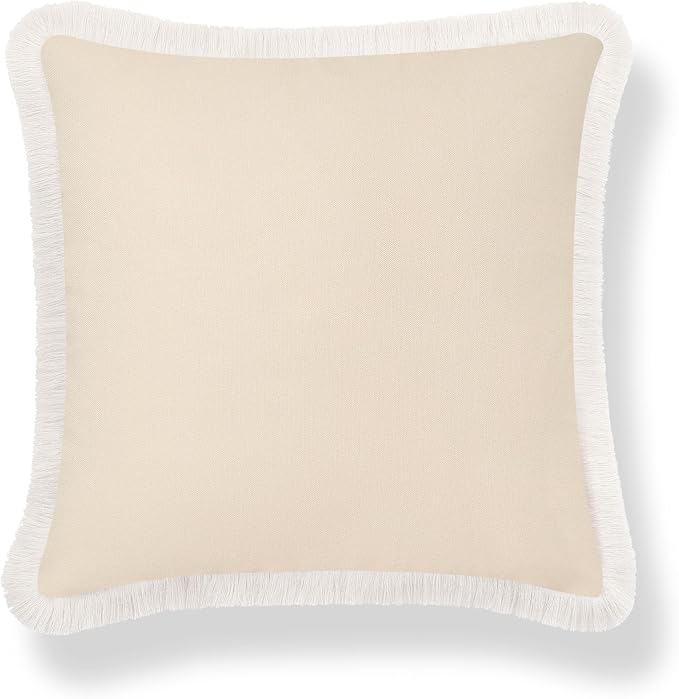 Hofdeco Premium Coastal Hampton Patio Indoor Outdoor Throw Pillow Cover Only, 22"x22" Water Repellent for Backyard, Couch, Poolside, Neutral Tan Print Solid