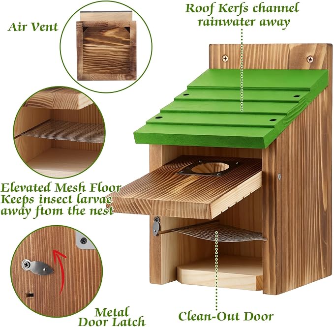 Dreyoo 4 Pack Bluebird Houses for Outside with Metal Predator Guard, 1-1/2" Entrance Hole Wooden Blue Bird Houses for Outdoors, Bluebird Nesting Box (Green Roof, Burnt Wood Body)