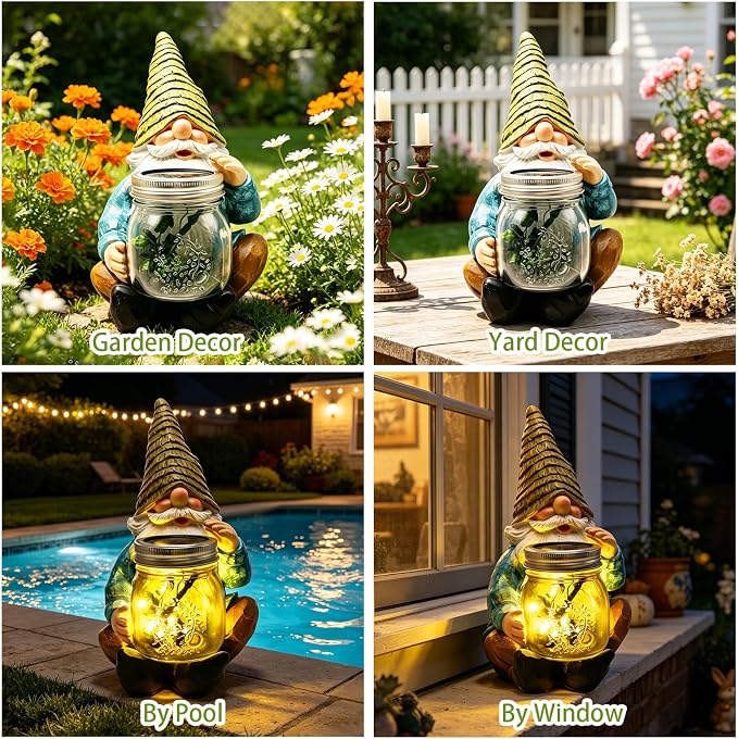 VOOKRY Solar Garden Gnome Statues, Outdoor Gnome with Firefly Solar Lights Waterproof, Birthday Gifts for Mom Women Mother's Day Christmas, Garden Figurines for Yard Decor Patio Porch Lawn Ornaments