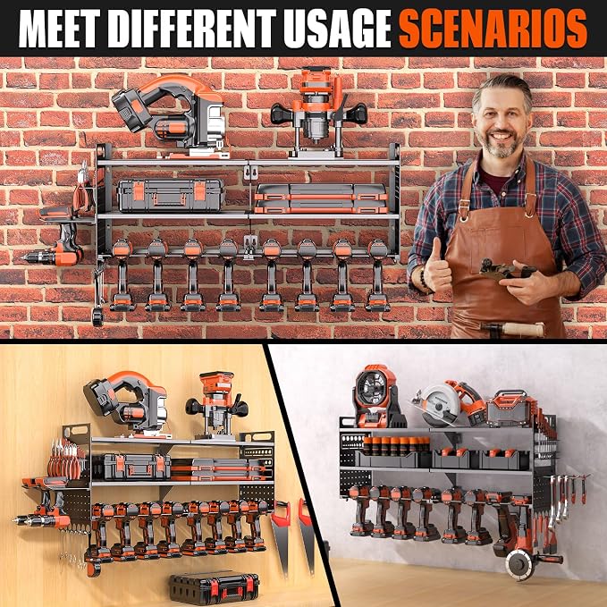 33" W Power Tool Organizer Wall Mount,Heavy Duty Cordless Tool Organizer with 10 Drill Holder, 300 Lbs Capacity 3-Layer Garage Organization for Garage and Workshop (Black)