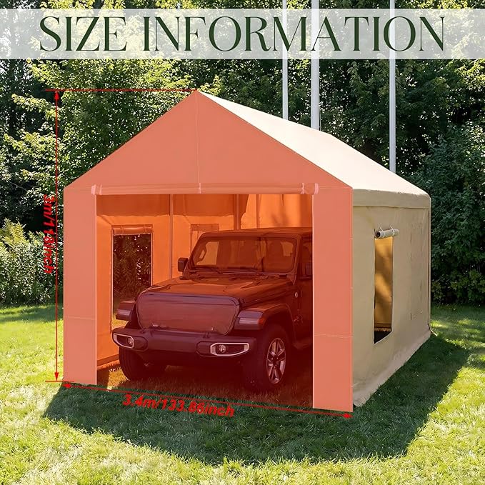 10 x 20 ft Carport Front Panel Tarp Khaki Canopy Shelter Replacement Cover with Opening Door Drill Holes on Both Sides Car Canopy Tent for Truck, Car, Boat