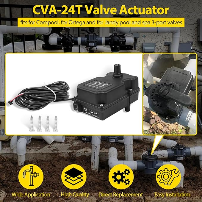 CVA-24T Valve Actuator 3-Port CVA-24T Valve Actuator Compatible with All 24VAC Control Systems, Replacement for Pentair 263045 Valve Actuator, 24 Volt AC, 180 Degree Rotation, 3-Wire, 25-Feet