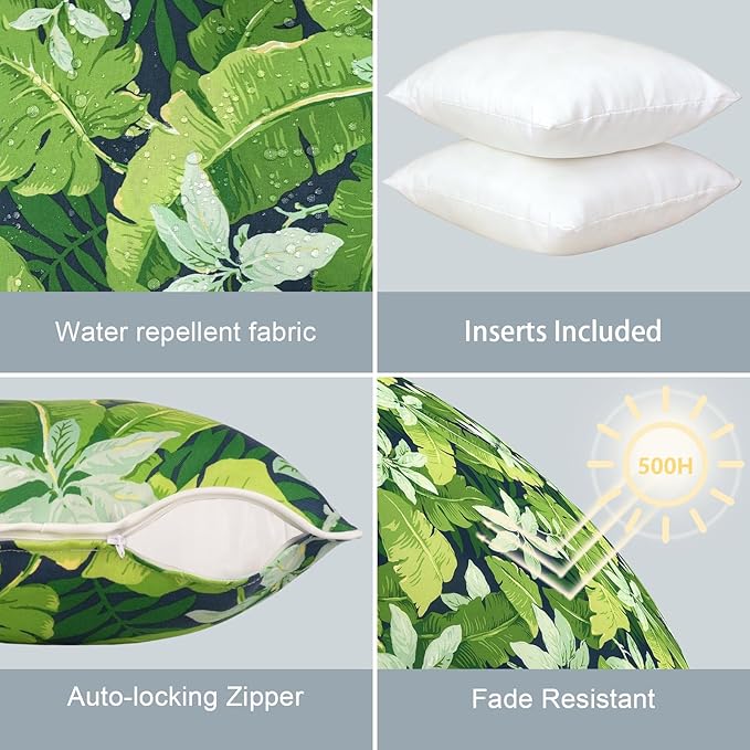 LVTXIII Outdoor Throw Pillows 20x20 Patio Waterproof Square Pillows with Piping Fade Resistant Accent Pillow for Spring Summer Garden Decoration, Set of 2, Jungle Leaves