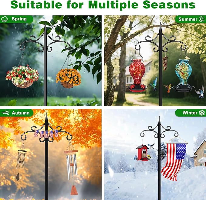 Heavy Duty Double Shepherd Hooks for Outdoor with 5-Prong Base, 72inch Adjustable Decorative Metal Bird Feeder Pole for Hanging Bird Nests, Plant Baskets, Solar Lights, Lanterns, 1 Pack