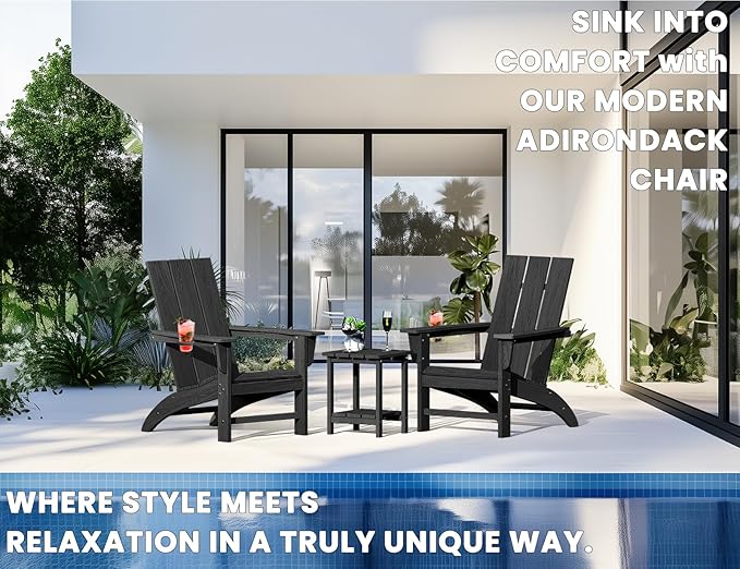 Modern Adirondack Chair with Cup Holder, HDPE Plastic Patio Chairs for All Weather, Fire Pit Chair, Outdoor Lawn Chairs for Deck, Porch, Backyard, Garden, Black