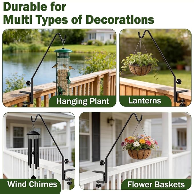 15 Inch Deck Hooks Hanger for Railing 2 Pack, Heavy Duty Shepherds Hooks for Outdoor Hanging Plants, 360° Swivel Adjustable Bird Feeder Pole Deck Railing Plant Hanger Bracket Outdoor