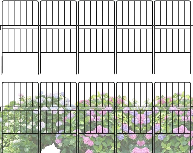 ShopLaLa Bundle- 20-Pack, 24 Inch Decorative Garden Fence + 4-Pack Set Wooden Box Planter Hanging Wall Pot Modern Vase Indoor Home No Dig Black Landscape Fencing Rustproof Metal Wire Border Outdoor