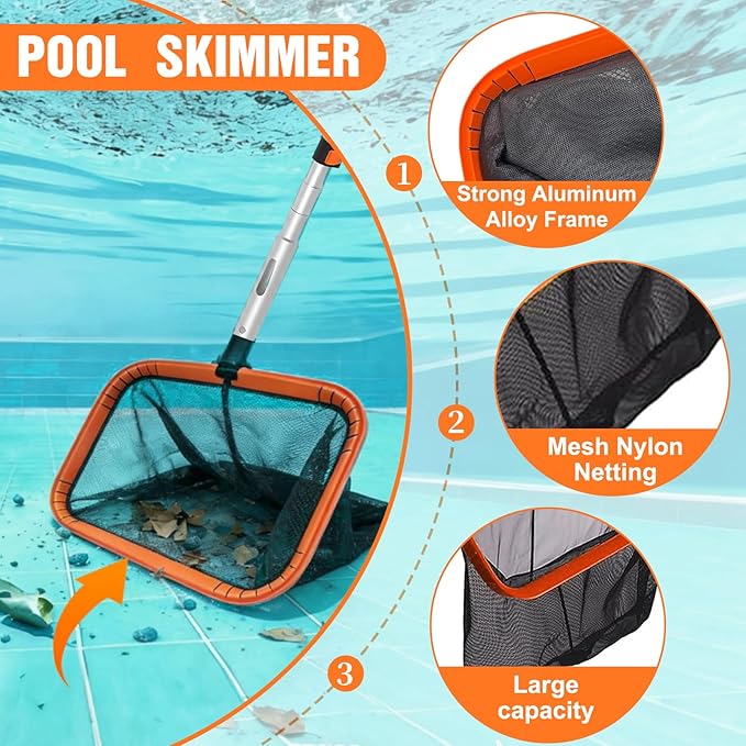 LAANPOLE 4-in-1 Pool Skimmer Net with Pole, Heavy Duty Pool Net and Fine Mesh Leaf Skimmer Net for Above Ground Pool, 12FT Telescopic Pool Pole with Professional Pool Net and Pool Hook for Cleaning