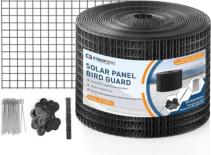 ZeroPone 6inch x 50ft Solar Panel Bird Guard, Critter Guard for Solar Panels with 50 Pcs Stainless Steel Fasteners, Removable PVC Coated Pigeon Netting Wire Roll for Squirrel, Bird, Critters Proofing