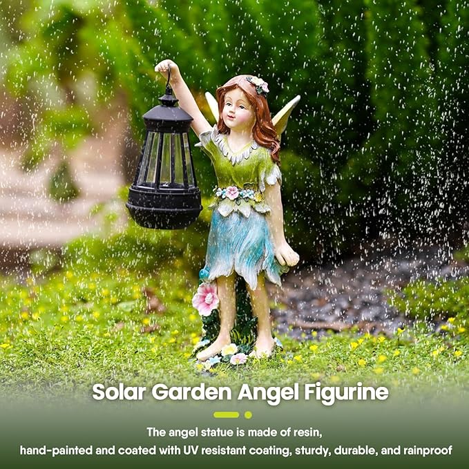 Pohabery Fairy Garden Statue Solar Garden Fairy with Lantern Light Outdoor Decoration Waterproof Solar Sculpture for Patio Yard Lawn Gift for Mom Grandma