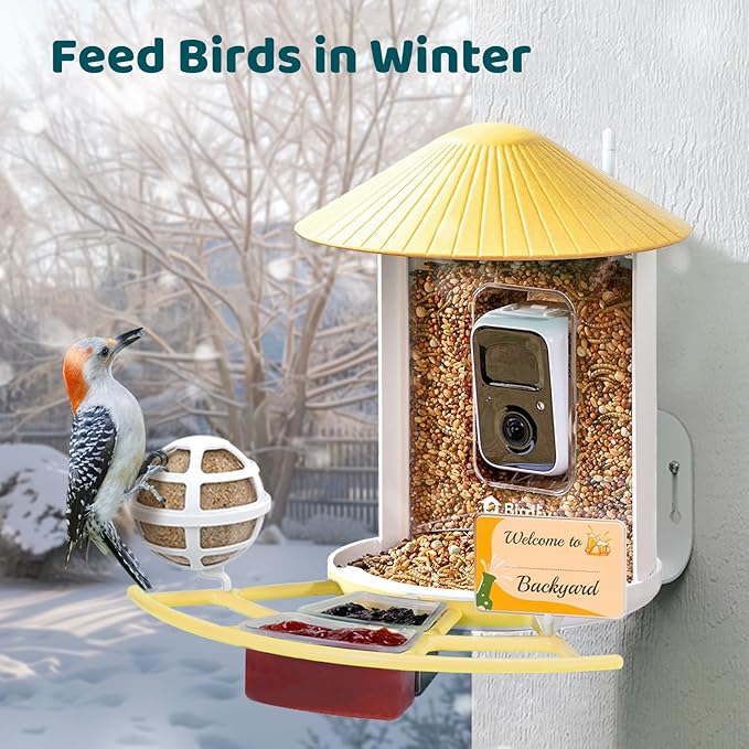 NETVUE by Birdfy Pro Smart Bird Feeder with Camera Solar Panel, Instant Arrival Alerts, Live Stream & Night Vision for Outdoors & Backyard Hummingbird, Cardinalis & Oriole Watching, Ideal Gifts,Yellow