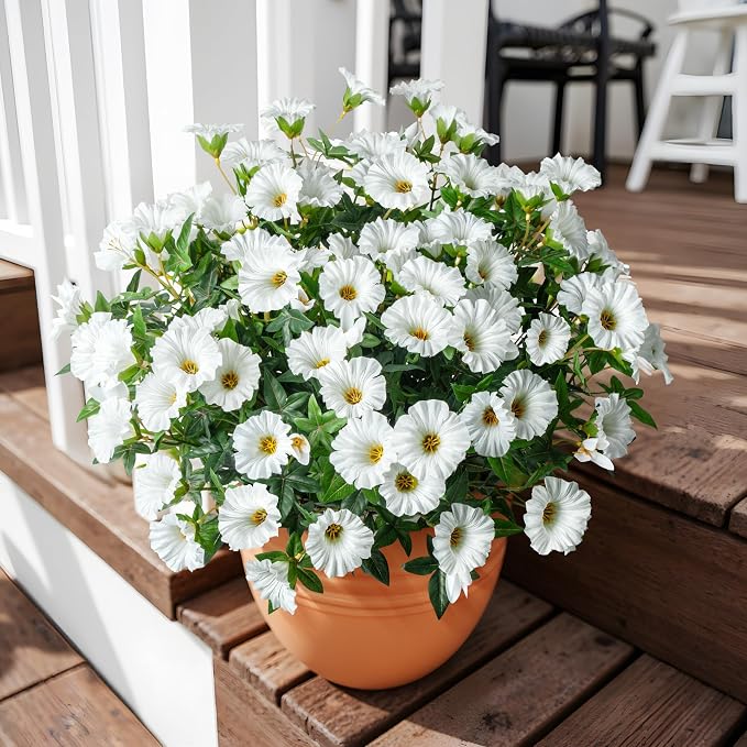 Artificial Flowers for Outdoor Window Box & Porch Decor, UV Resistant Faux Hanging Morning Glory Flowers for Patio, Balcony Cottage Garden Realistic Outdoor Floral 13.3" No Pot (White) 8PCS