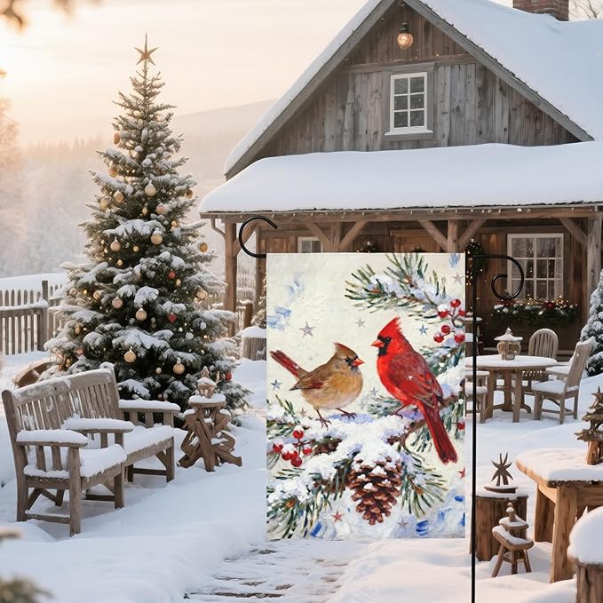 Winter Cardinal Garden Flag 12x18 Inch Pinecone Twigs Holly Berry Christmas Holiday Decorative Yard Flags for Outside Double Sided Seasonal Outdoor Home Farmhouse Decoration Porch January Decor