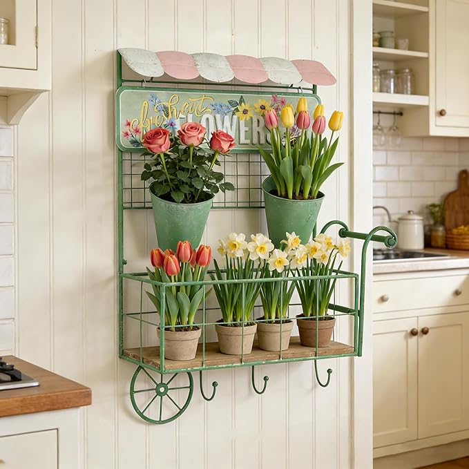 Vintage Wall-Mounted Flower Cart Organizer - Rustic Green Metal & Wood Hanging Planter with 2 Bucket Planters for Indoor/Outdoor Garden, Kitchen, Patio Decor