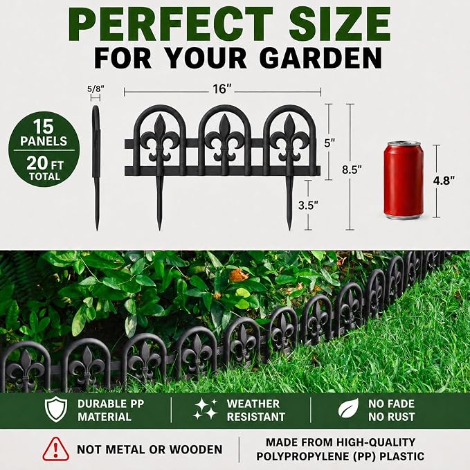 Evelyne Black Garden Border Plastic Edging – PP Plastic, Metal-Free Wrought Iron Look Design, 15pcs Black Yard Landscaping Fence Liner Lawn Edge Barrier, 20ft Kit of Decorative Lawn Landscape Panels