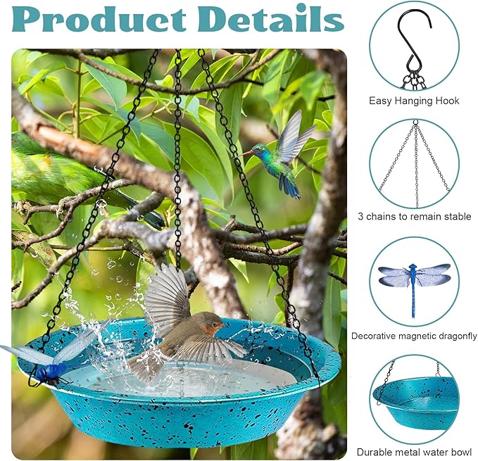 Hanging Birdbath Bird Feeder for Outdoor 11.4 inch Metal Bird Bath Bowl with Detachable Black Chain Hook Metal Dragonfly Birdbath for Garden Yard Patio Decor, Gift for Bird Lovers (Lake Blue)