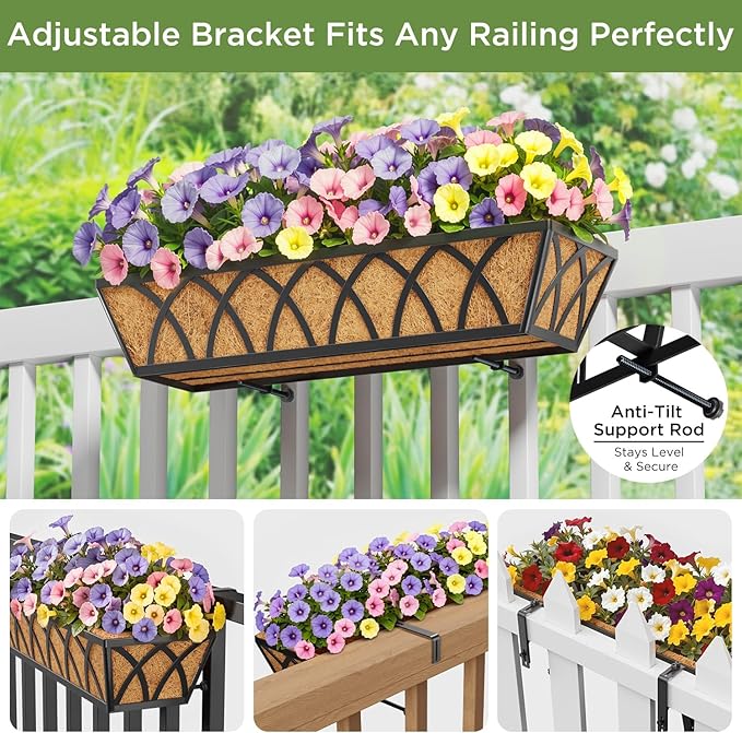 Y&M Hanging Railing Planter Boxes 2 Pack, 24 Inch Adjustable Balcony & Deck Planter, Heavy Duty Metal Flower Box for Porch, Fence & Window, Outdoor Plant Holder