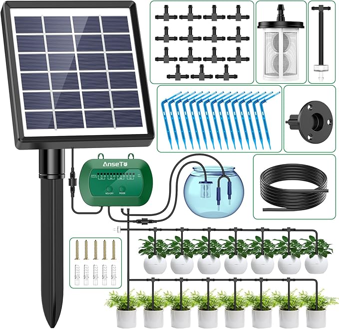 Solar Drip Irrigation System, Automatic Watering Kit for 15 Pots with 49ft Hose, Anti-Siphon Garden Irrigation System for Vacation, Balcony & Greenhouse, 12 Modes Self Watering System, Split