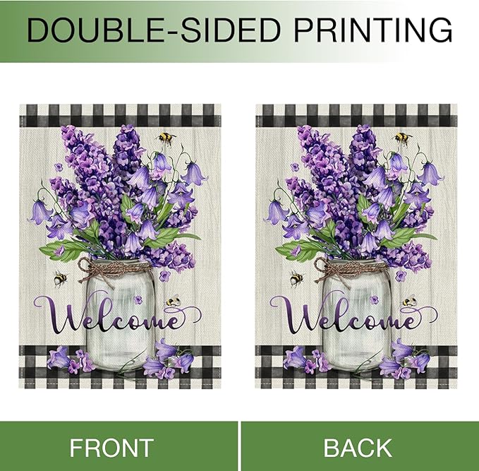 Hzppyz Welcome Spring Summer Floral Flower House Flag Double Sided, Hyacinth Canterbury Bells Decorative Garden Yard Outdoor Large Decor, Mason Jar Plaid Farmhouse Home Outside Decoration 28 x 40