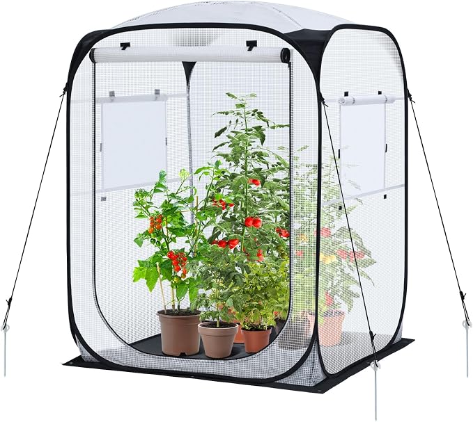 Ohuhu Pop Up House - Fast Set-up Small Greenhouse Walk in Portable Greenhouses Indoor Outdoor with Removable PE Mat & Mesh Window for Protecting Plant from Cold Frost & Birds 48 x 48 x 63.7''