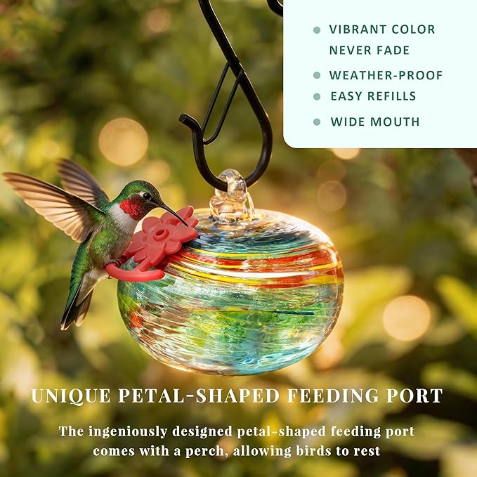 QFkris Blown Glass Hummingbird Feeder for Outdoors Hanging, Small Hummingbird Feeder with Flower Feeding Ports for Outside Garden Backyard Decor, Gifts for Women Mom(Blue)
